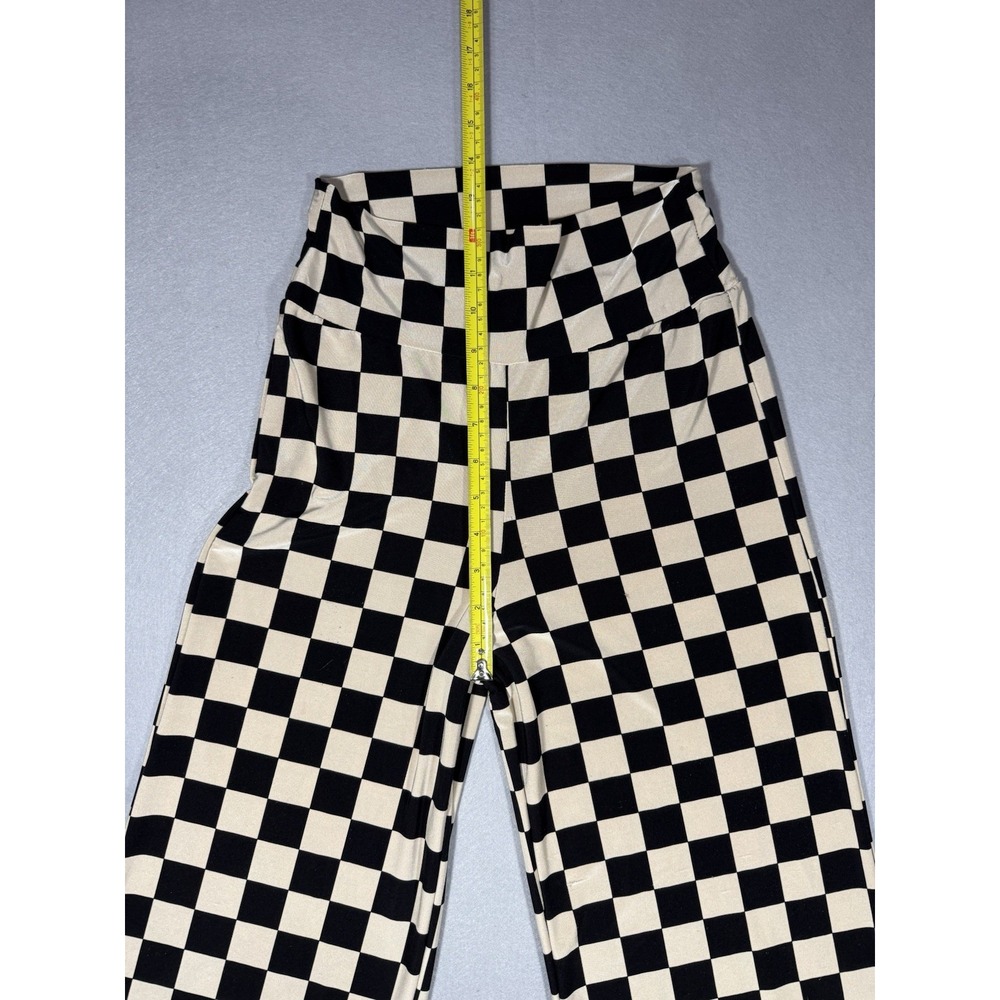 Y2K Crépas Women's Black & White Checkered Flare Pants Size S Moto Stretch Emo - Picture 7 of 8